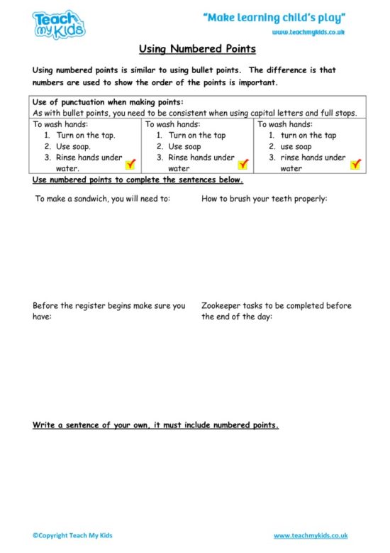 Worksheets for kids - using-numbered-points